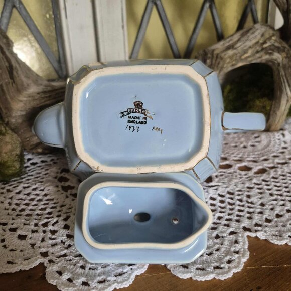RARE 1930s Sadler Cube Teapot from England - Blue, 24KT Gold Gilding, with Birds - Picture 10 of 15